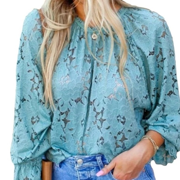 Free People Olivia Lace puff sleeve blue green lace blouse top shirt size medium - Picture 2 of 9